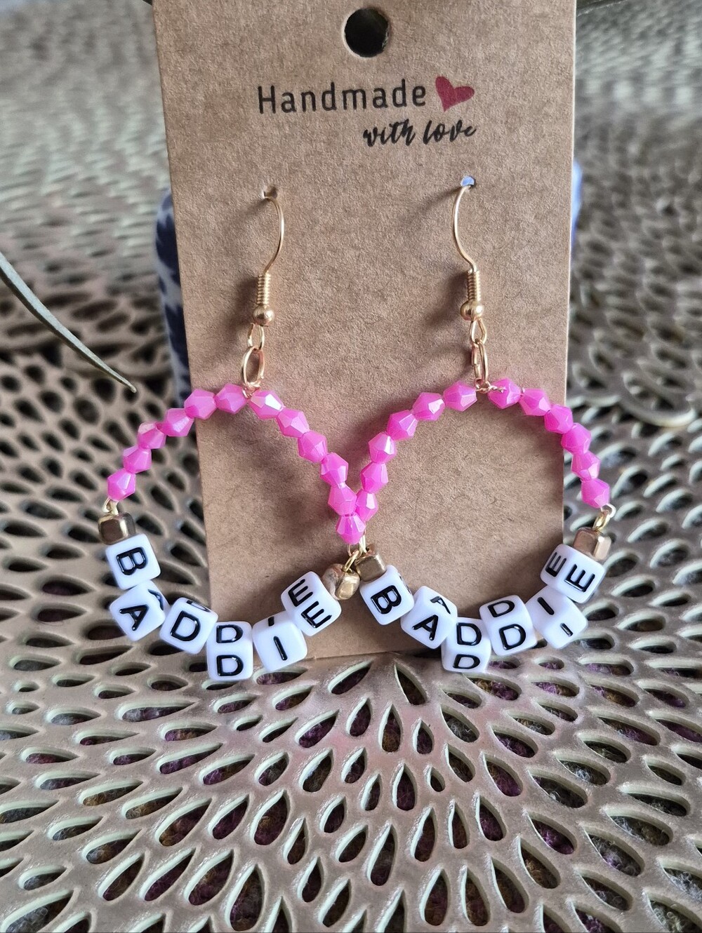Handmade Pink Beaded 'Baddie' Hoop Earrings